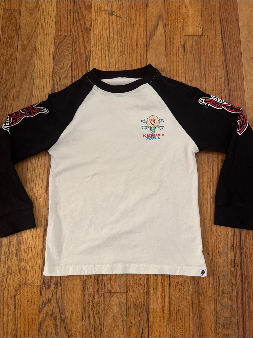Icecream Black & White Raglan Long Sleeve Tee with Chest Graphic